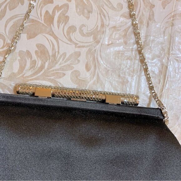 Ann Taylor Black Satin Evening Bag Handbag Chain Strap Sparkle Rhinestones NWOT - Picture 3 of 5